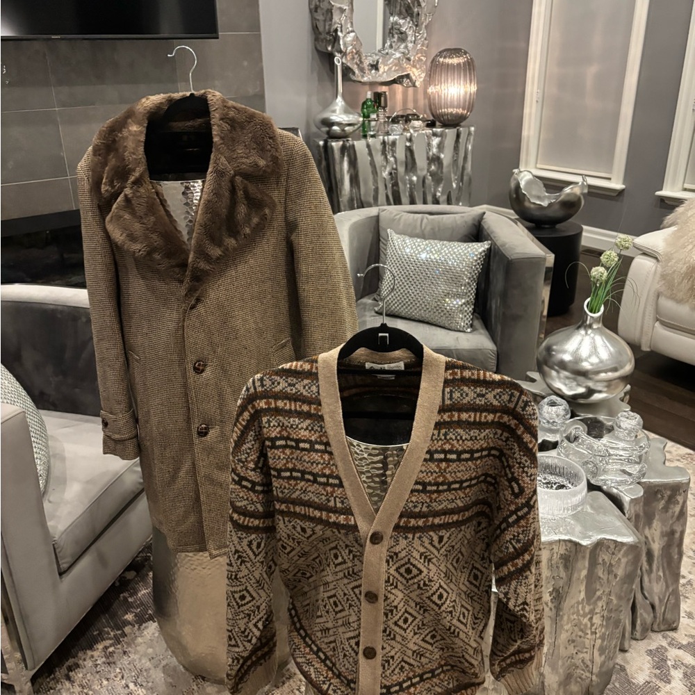 Brown Patterned Cardigan and Coat Set vintage 1970s sz small hipster authentic